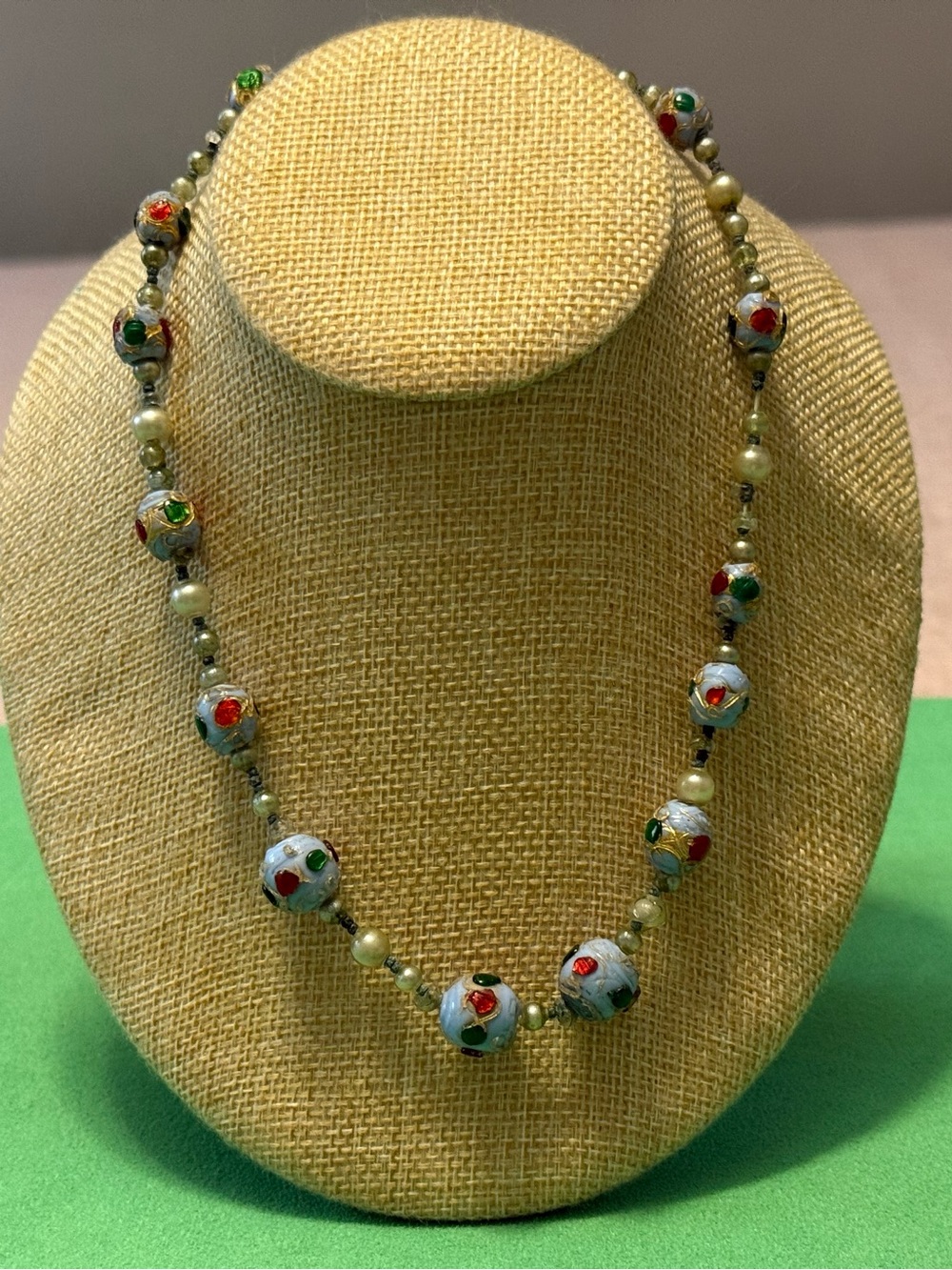 Vintage Cloisonné Bead Necklace in White with Red & Green Accents